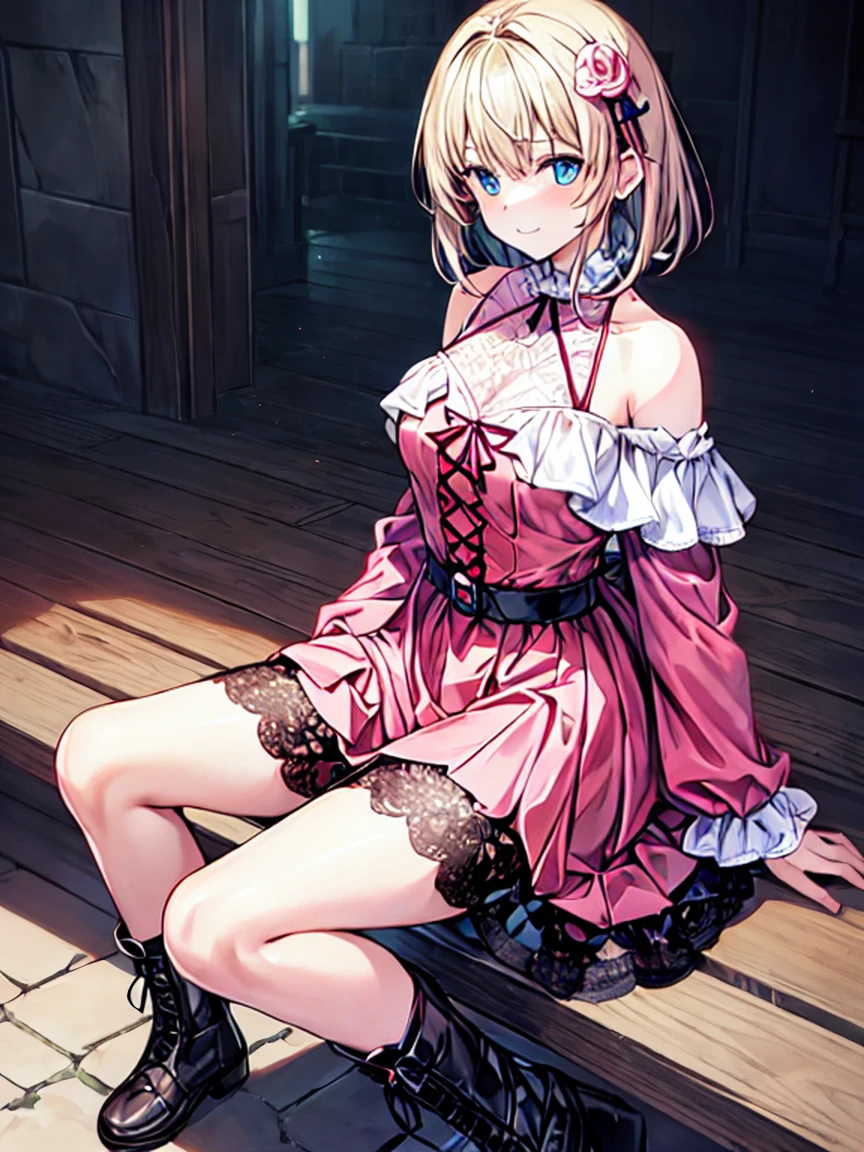 //Character 1 Girl, Light brown hair, Medium Hair, hair ornaments, smile, Clear, deep eyes, hand between legs, Sitting Girl,
break
//fashion
(The simplicity of a peasant&#39;s daughter)
simple (Off-the-shoulder chemise) and (pink lace bodice) reflect the practical and glamorous attire of the (Renaissance peasant maiden).
break
A contrast color A-line skirt that combines ease of movement and a rough atmosphere.
break
Knee-high lace-up boots or simple leather shoes are perfect for everyday wear.
break
(masterpiece), (Beautiful details), (Perfectly focused), (High resolution), (RAW Photos), (4K),
break, Perfect light