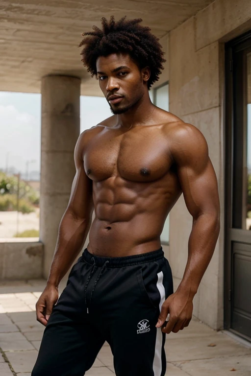 Homme à la peau marron cheveux noir afro yeux verts taille grand skinny en jogging et pul