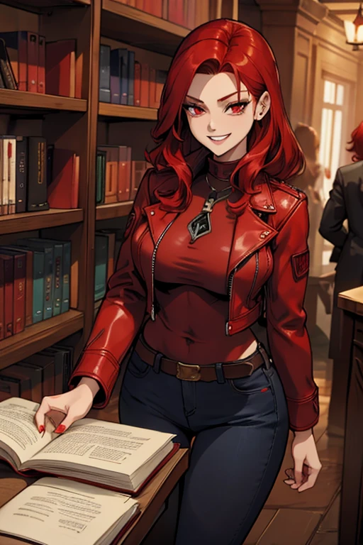 A red haired woman with red eyes with an hourglass figure in a red leather jacket and jeans is laughing in a book store