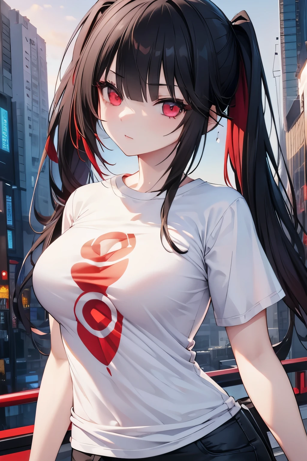 Optimal,masterpiece,High resolution,highest quality,Hyper HD,Very detailed,Award-winning,16k,alone,(Upper Body),Correct Anatomy,Beautiful Cyberpunk Girl,Upper Bodyの写真、Cute face,,Black Hair、Long Hair、Twin tails、Hairline,((Scarlet Eyes)),Long eyelashes,Drooping eyelids,White skin,((Shoot in the back:1.5)), ((Tight T-shirt:1.5)), ((Clock Top:1.5))、rocket , (Large Breasts),