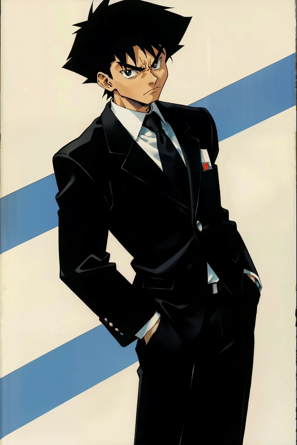 by Ken Sugimori, sugimori 1990s, ((only 1man)), black business suit, scowling ((hands behind their back)), full black pupils, manga, best quality, highly detailed, clean lines, cowboy shot, good hands, good eyes, hd, 8k, professional, symmetrical, hires, 8k,