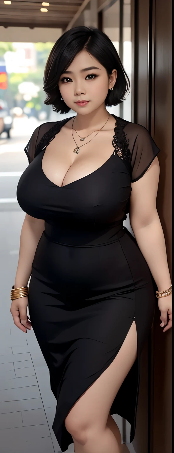 1 Indonesia girl, modern plain wavy short hair , shy, medium portrait, watery eyes, wearing dark brown latte kebaya, ((big breasts)), black bokeh background, well-proportioned body,, chubby massive thighs, full body pose, wearing a necklace , wearing 10 bracelet , wearing a sneaker , huge chest 