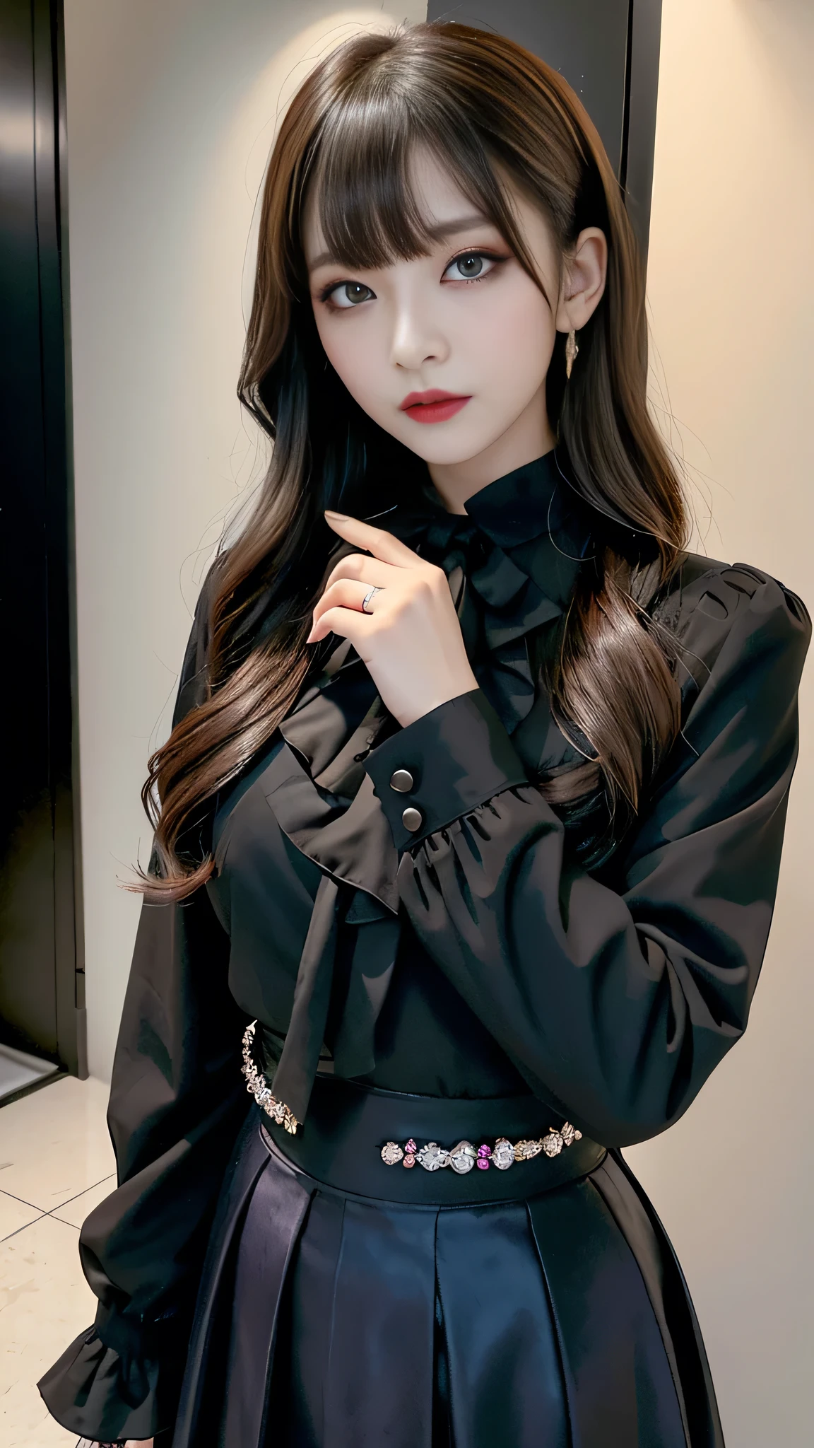 best quality、ultra-detailed、4k、Japanese、Seductive beauty、seductive adult woman、Pretty Woman、cool girl、Villainess、Brainwashed、brainwash、Fallen into evil、smirk、Evil look、Wicked Smile、evil、Brown hair、wavy hair、swept bangs、dark makeup、dark makeup、piercing eyes、hollow eyes,half-closed eyes、Hollow Eyes、purple Eyeshadow、black lipstick、black lipglos、suit、Jacket、Black Ribbon、Frilled blouse、flare skirt、night、inside darkroom、Has a switch、Emblem of Evil、Crest of Darkness、Swear allegiance、I have pledged my allegiance、Dye black、Blackening、Stained with evil、Dyed in darkness、