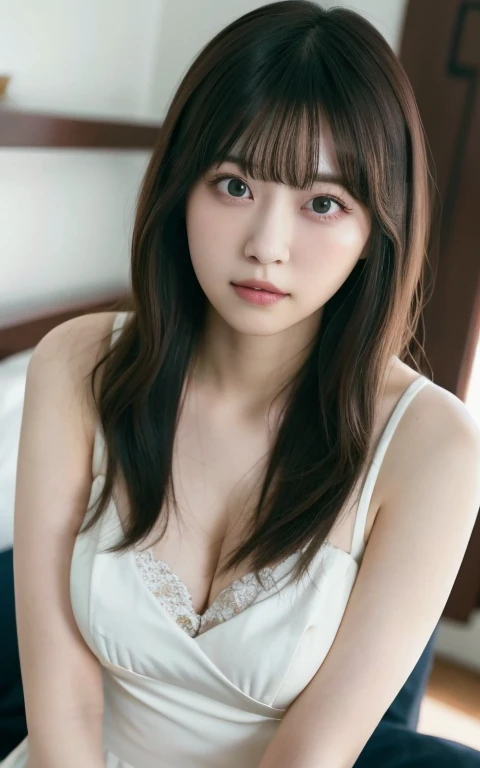 masterpiece, highest quality, 8k, 20th Generation, Large Breasts, cute, alone, sad, cute, Girlish, Delicate girl, Pure beauty, RAW Photos, Professional photography, Portraiture, Soft Light, Professional Lighting, Backlight, Upper Body, avert your eyes, Sophisticated, Film Grain, (Eyes and facial details:1.0), Short floating hair, Beautiful, flowing hair, bangs, A loose bustier、(Large Breasts:1.0)、You can see a little cleavage、Dolly Makeup、Odd Eye、The colour of the left and right eyes are different