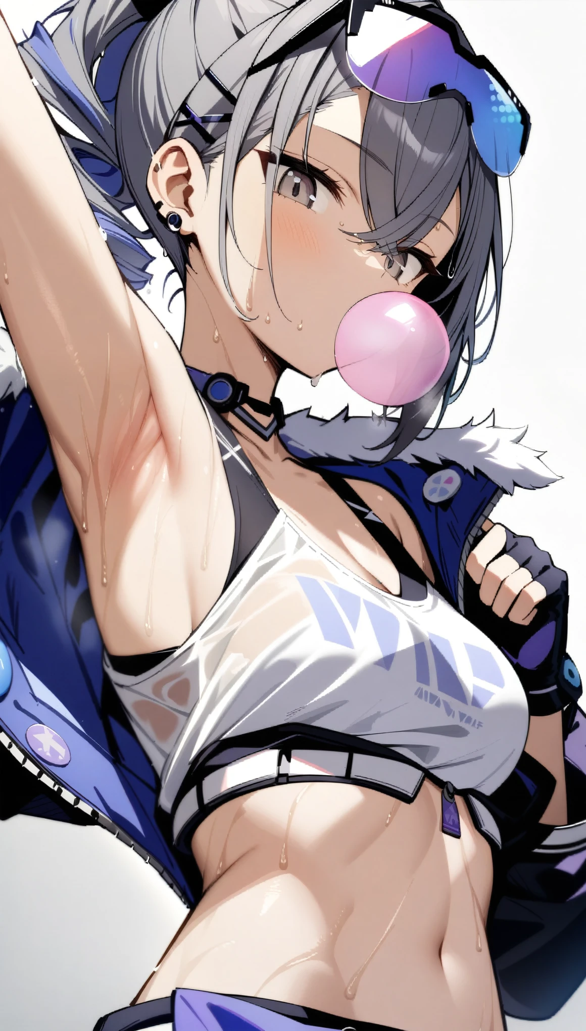 (masterpiece:1.2), hyper detail, best quality, (intricate_details:1.1), beautiful detailed, beautiful hair, solo,1girl,looking at viewer,Silverwolf,shirt, hair ornament, gloves, cleavage, bare shoulders, jewelry, medium breasts, jacket, hair ribbon, white shirt, earrings, open clothes, sleeveless, choker, black gloves, hairclip, fingerless gloves, armpits, off shoulder, open jacket, crop top, sleeveless shirt, sunglasses, eyewear on head, bubble blowing, chewing gum,young girl,shoulder,upper body,hand holding jacket,sweating,heavy breathing,steam,open jacket,greasy shoulder,from below,looking down,flipped hair,armpit,greasy armpit,from side, shoulder focus,wet clothes,((armpit focus)),bare shoulder,