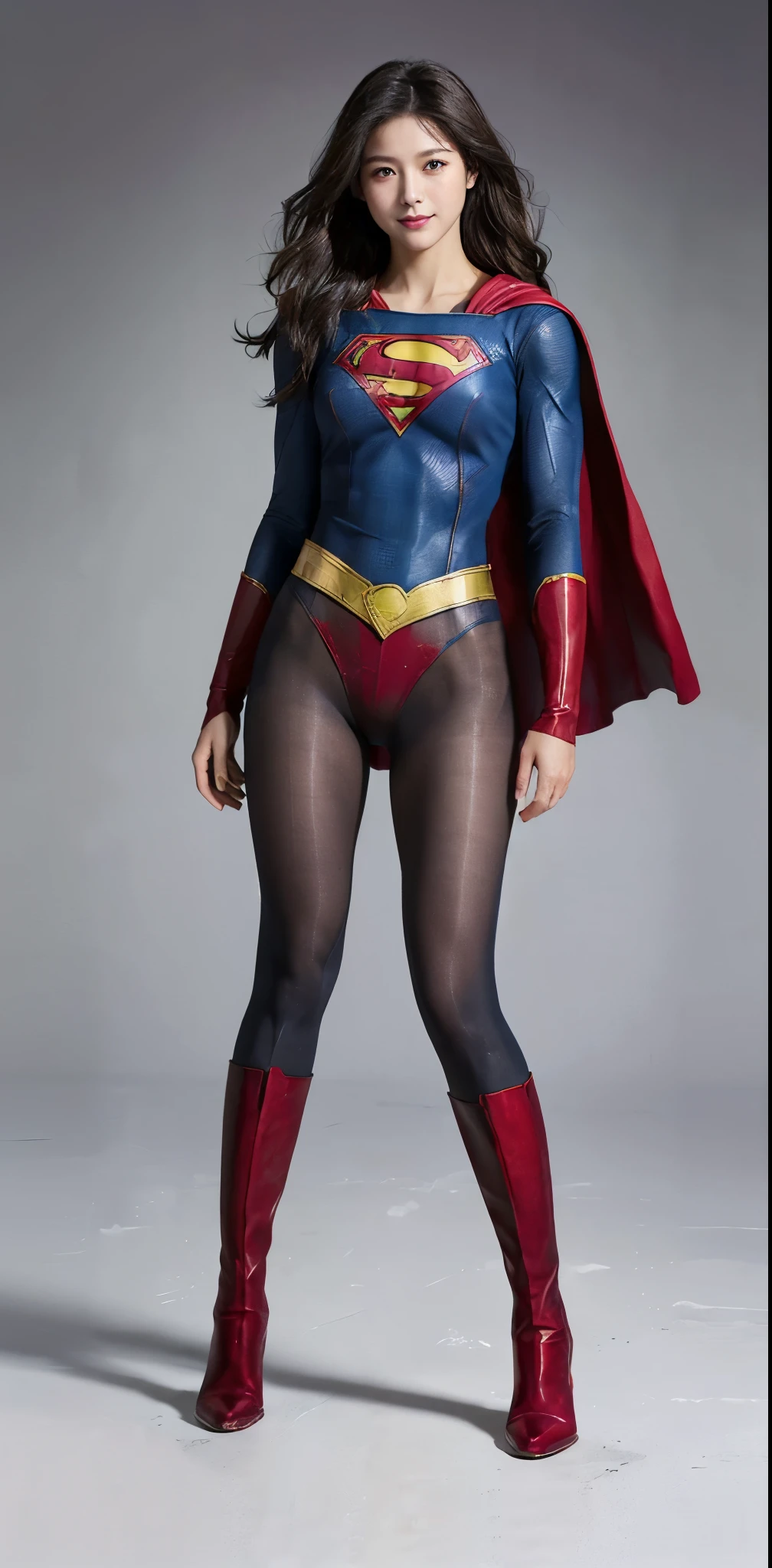 No background、(((Beautiful legs in black tights.)))、(((Legally express the beauty of your smile)))、((((Make the most of your original images)))、(((Supergirl Costume)))、(((Beautiful Hair)))、(((suffering)))、(((Please wear black tights....、Wear red boots)))、((Best image quality、8k))、((highest quality、8k、masterpiece:1.3))、(((Preserve background )))、Sharp focus:1.2、Beautiful woman with perfect figure:1.4、Slim Abs:1.2、Wet body:1.5、Highly detailed face and skin texture、8k