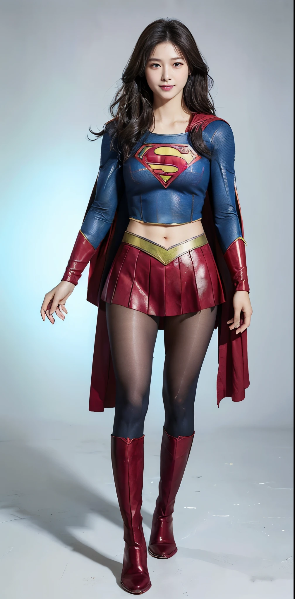 No background、(((Beautiful legs in black tights.)))、(((Legally express the beauty of your smile)))、((((Make the most of your original images)))、(((Supergirl Costume)))、(((Beautiful Hair)))、(((suffering)))、(((Please wear black tights....、Wear red boots)))、((Best image quality、8k))、((highest quality、8k、masterpiece:1.3))、(((Preserve background )))、Sharp focus:1.2、Beautiful woman with perfect figure:1.4、Slim Abs:1.2、Wet body:1.5、Highly detailed face and skin texture、8k