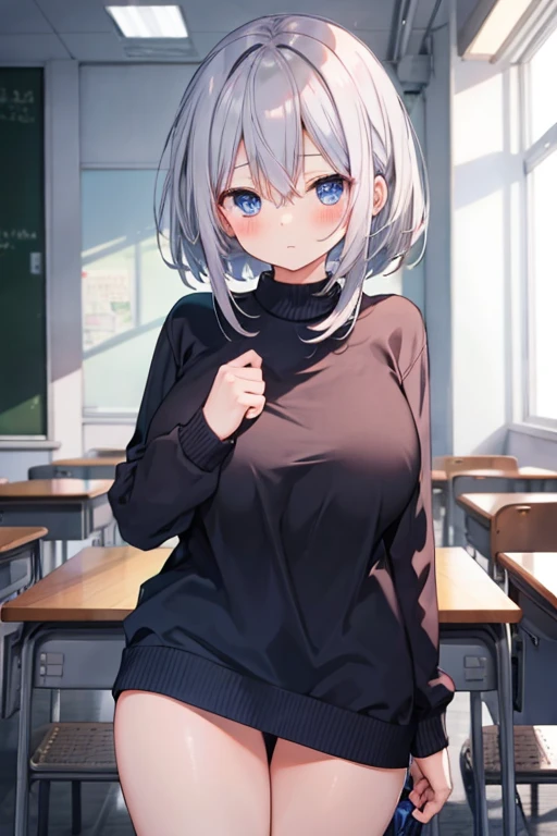 Big Breasts　nude　Gray Hair　blue eyes　highest quality　Blushing　classroom