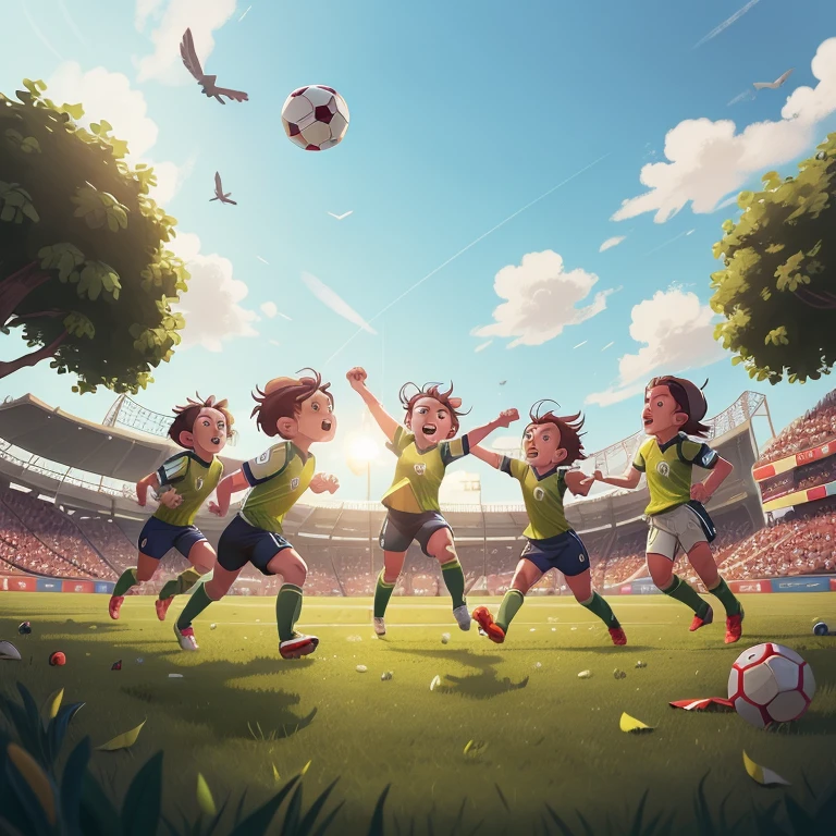 A tense soccer match unfolds on a lush green field, where three players are locked in a fierce struggle for the ball. Their determined expressions and taut muscles convey their unwavering commitment to securing victory for their team. Surrounding them, their teammates are poised for action, ready to support and defend as needed.
The players are in dynamic motion, their jerseys billowing in the wind as they leap, lunge, and dash across the pitch. Sweat glistens on their brows, and their eyes are focused intently on the ball as they compete for possession. The stadium comes alive with the roar of the crowd, their collective energy adding to the dramatic atmosphere.