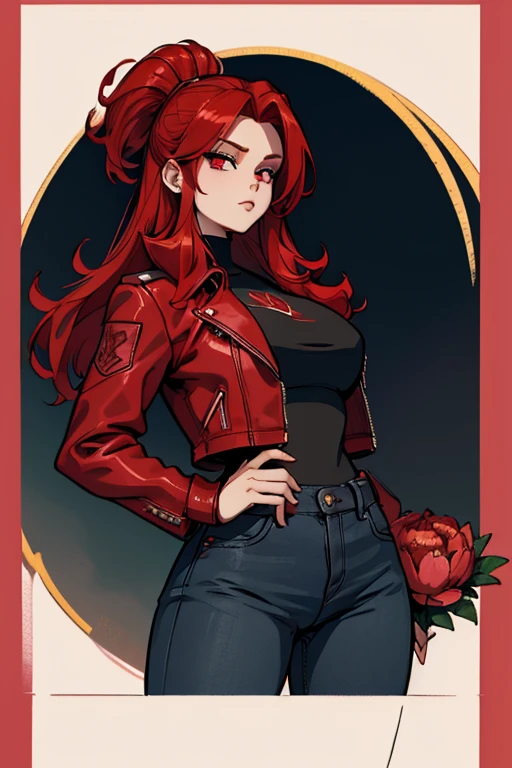 A red haired woman with red eyes with an hourglass figure in a red leather jacket and jeans is holding a pink peony