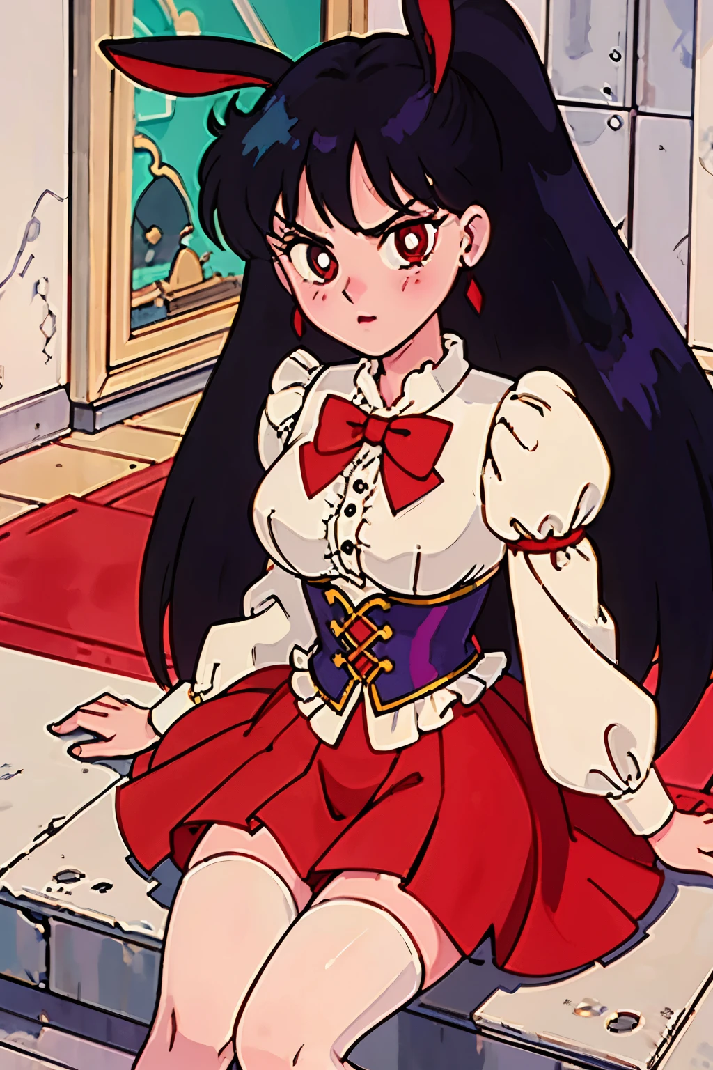 anime girl, tall, short black hair, Bangs are heavy, bunny ears, vampire, red eyes, ((best quality)), ((highly detailed)), masterpiece, absurdres, (detailed eyes, deep eyes), (1girl), puffy shirt, big bowtie, corset, skirt, stockings, boots, cape, Outside at night when the moon shines, dress, frills, The sleeves are wide at the hem, long sleeve shirt