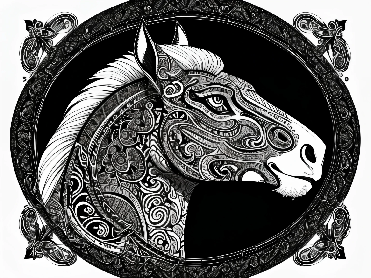 a horse head with a pattern on it's face, line art illustration, detailed intricate illustration, intricate detailed illustration, intricate line art, exquisite line art, intricate details illustration, detailed line art, bold lineart, black and white vector art, detailed intricate sketch, dynamic linework, highly detailed ink illustration, by Adam Marczyński, bold intricate ink illustration 