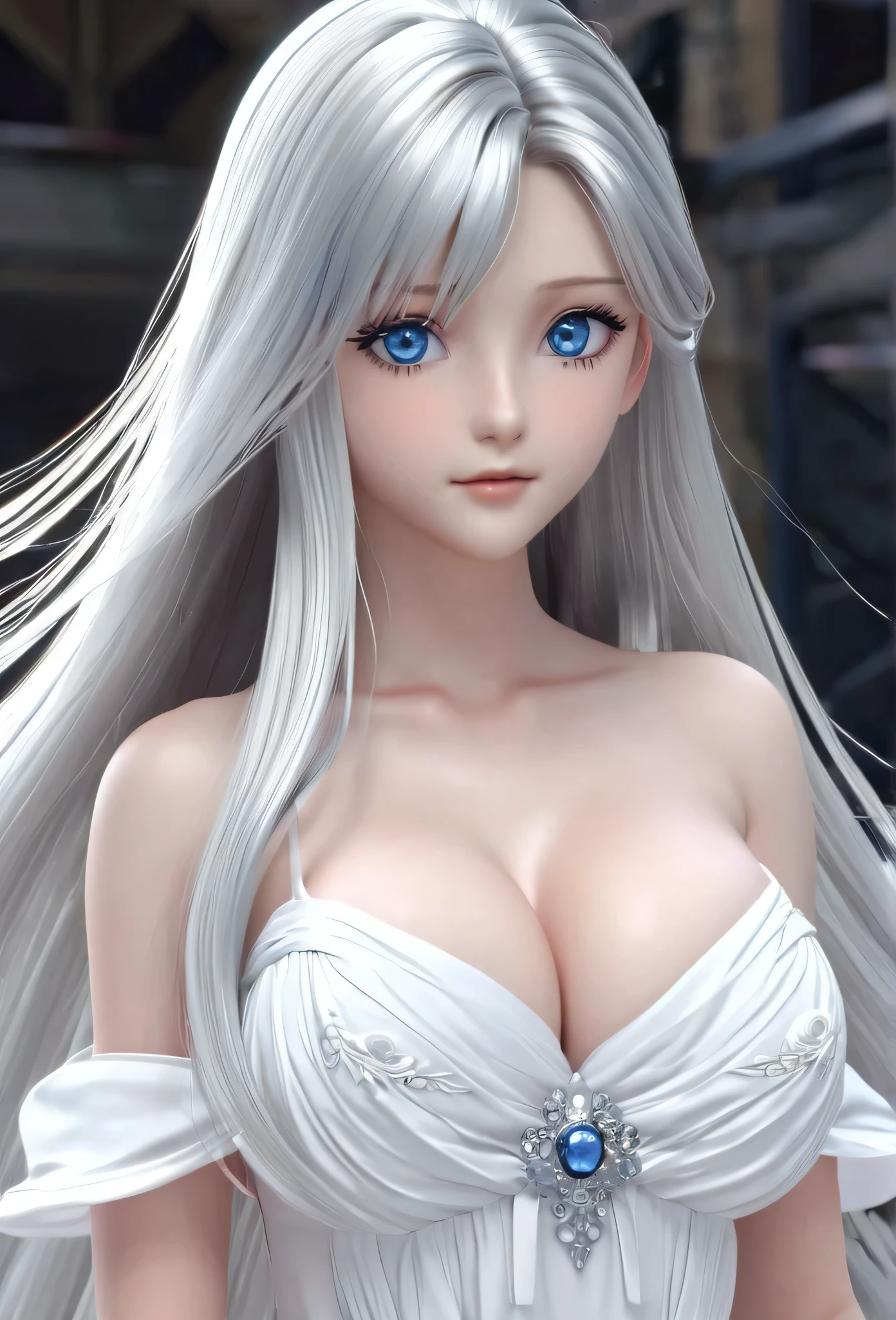 ,Silver long hair,Blue Eyes,Long eyelashes,Unbelievably huge breasts,((3D anime style)),White dress with a lot of exposure,