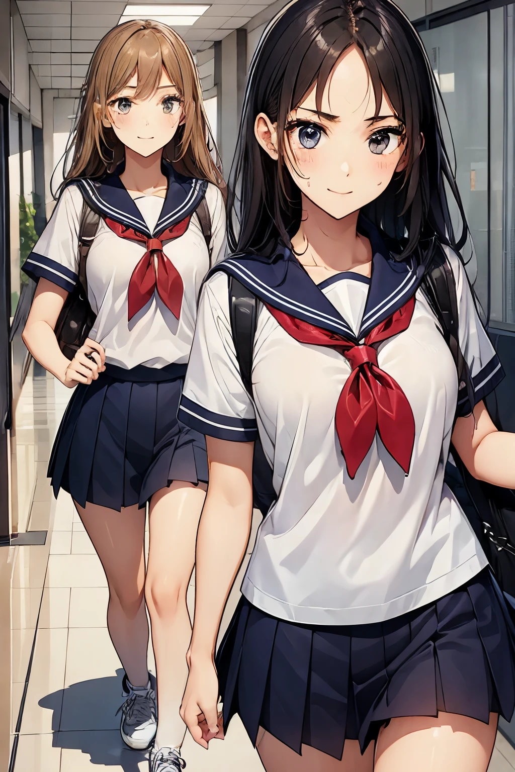 Two high school girls running down the school corridor、seductive smile、There is movement、Sweating