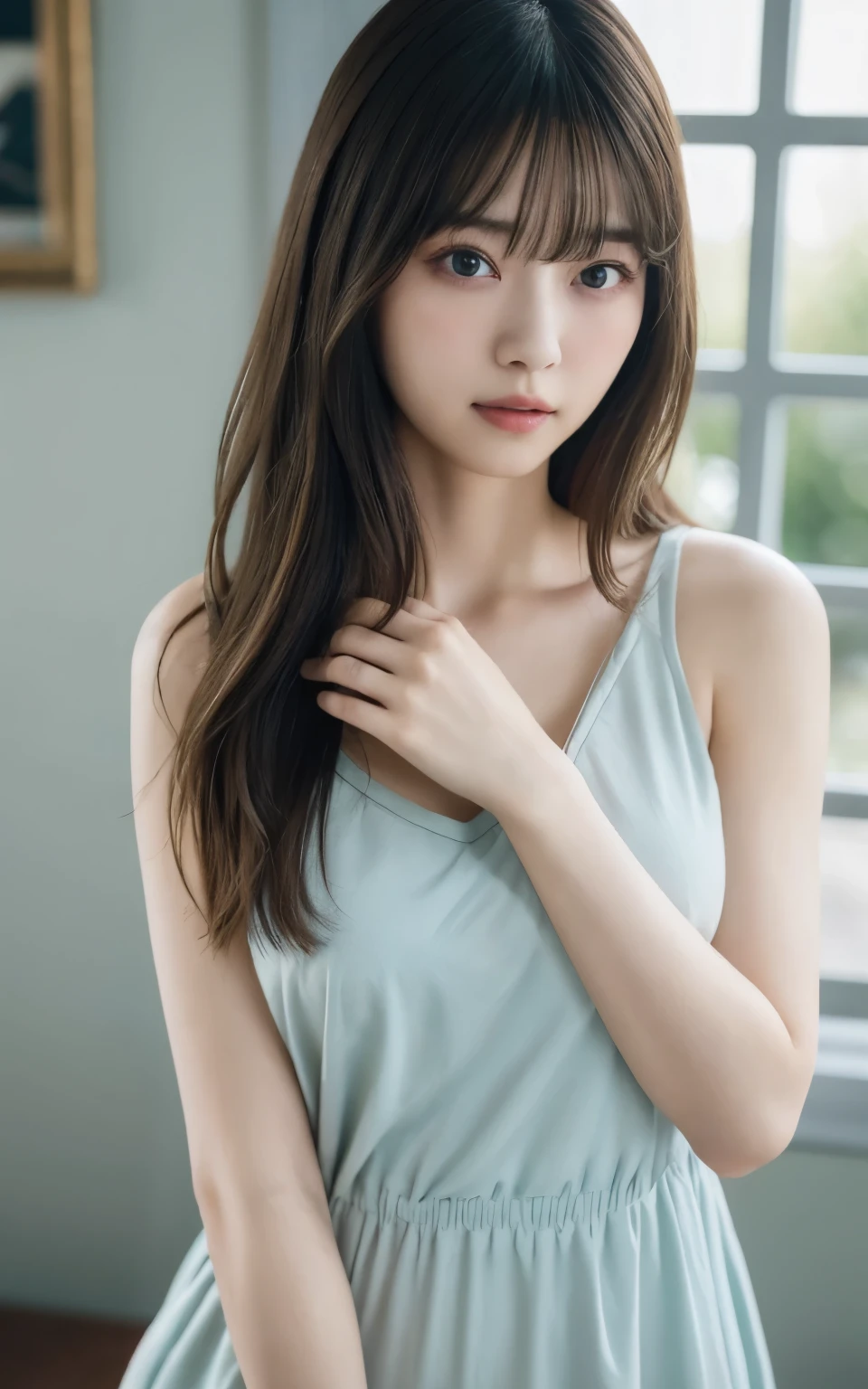 masterpiece, highest quality, 8k, 20th Generation, ?????????????, cute, alone, sad, cute, Girlish, Delicate girl, Pure beauty,  RAW Photos, Professional photography, Portraiture, Soft Light, Professional Lighting, Backlight, Upper Body, avert your eyes, Sophisticated, Film Grain, (Eyes and facial details:1.0), Short floating hair, Beautiful, flowing hair, bangs, A loose fitting tunic、(?????????????:1.0)、You can see a little cleavage、Dolly Makeup、Odd Eye、The colour of the left and right eyes are different