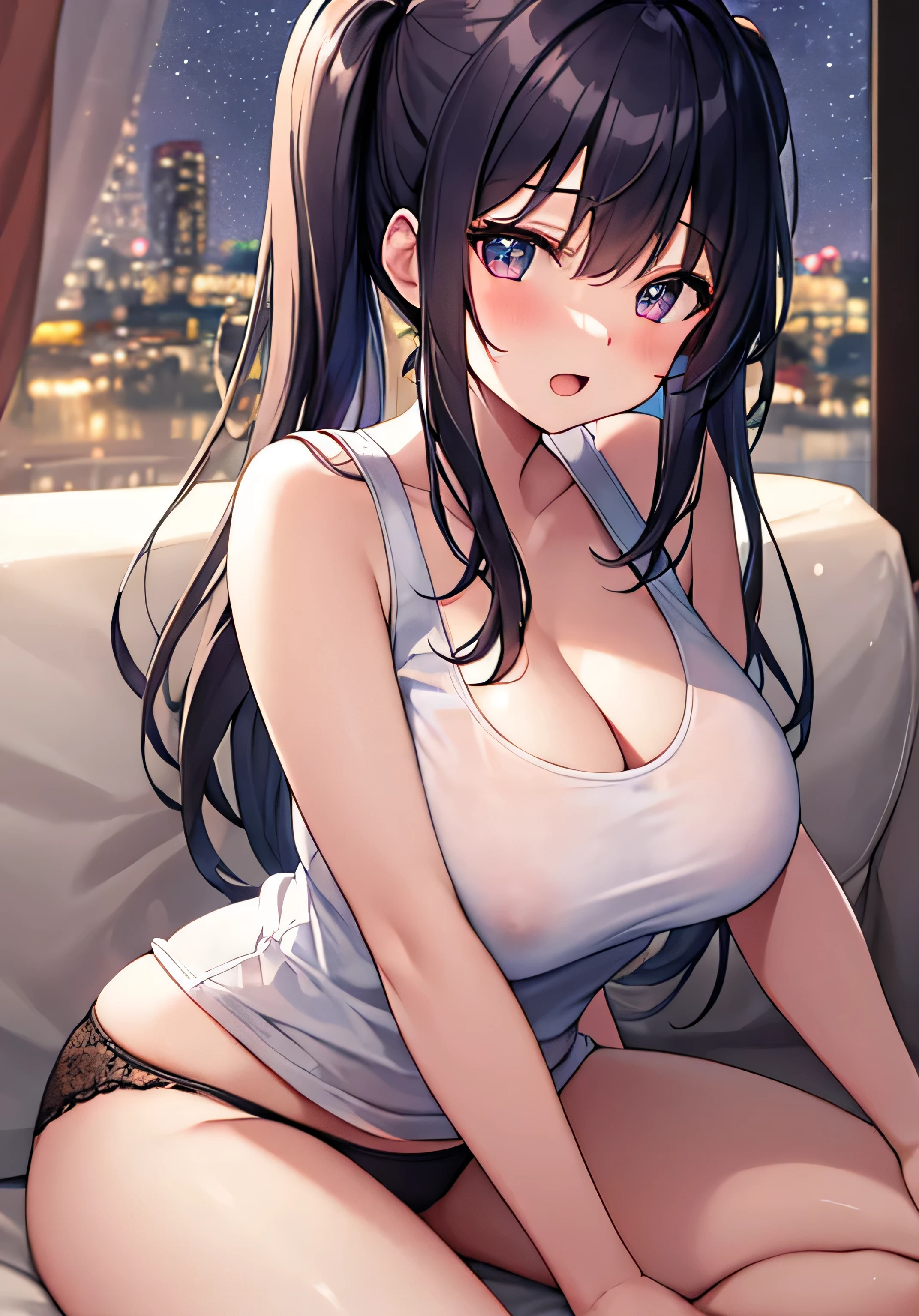 masterpiece、Highest quality、Ultra-high resolution、nsfw、 girl with big breasts、twin tail hairstyle、black hair、Red face、shyly、open your mouth just a little、white tank top that shows cleavage、panties、sit in the sofa、inside the living room at night