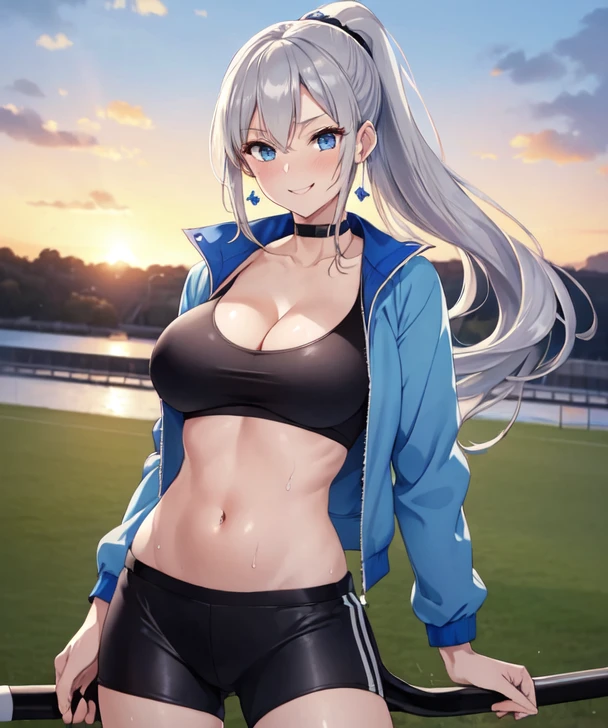 (((masterpiece))), ShizukaMikazuki, One Girl, alone, View your audience, Long Hair, Gray Hair, Long sleeve, Cleavage, Huge breasts,clavicle, Mature Body,Glamorous Body,Six-pack,Make your face a little smaller,Make your breasts bigger,tall,Blushing,Pie Ponytail,Blouson, Open clothes, open Blouson, blue Blouson,nude,Black sports bra,Black hot pants, Play sports often, Choker with charm,Earrings,Belly piercing,Smiling with embarrassment,blue eyes,Sunset,nature,cycling,Photographed from the front,Sweat all over,