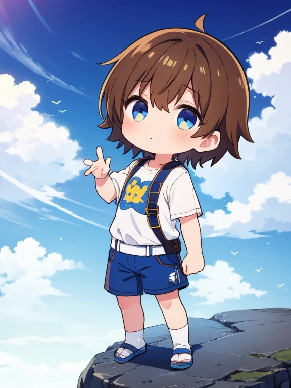 1boy,blueshorts,chibi,brown hair