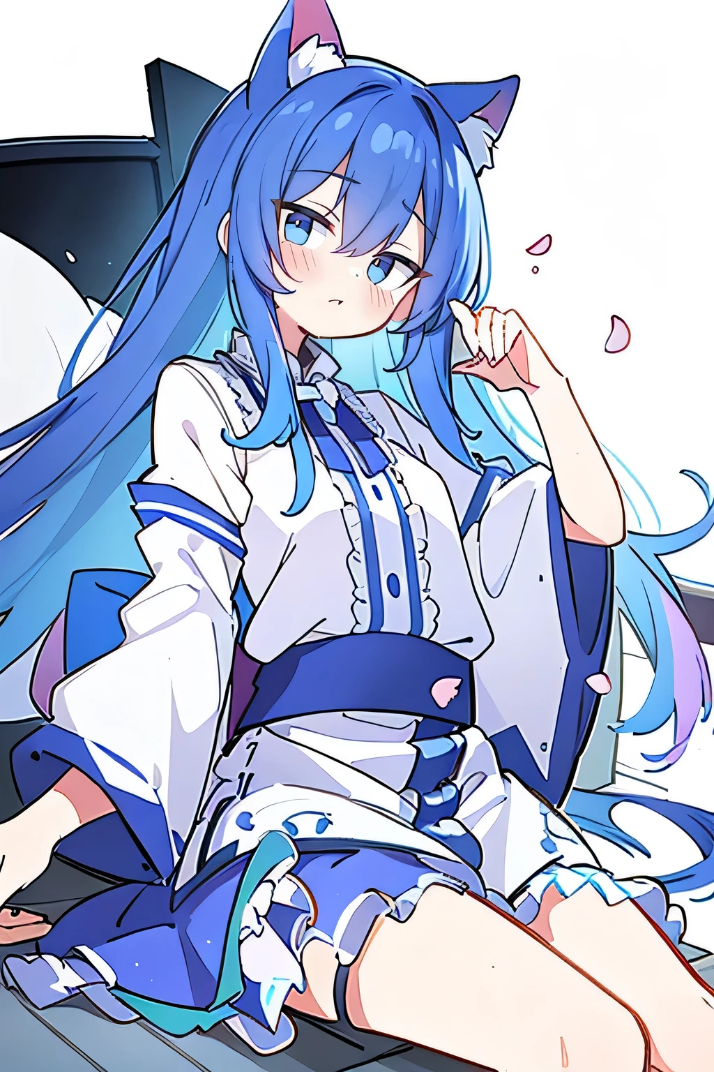 (masterpiece:1.2),Super detailed,lifelike,Expressive eyes,fair skin,perfect face shape,1 girl,
Japanese comics,Gorgeous blue hair,flowing blue hair,flowing clothes,Cat ears,Petals fall,beautiful lola,Baby Angel,
Shaking head with one hand,Lying gracefully on the ground,Cross your legs,Gentle and peaceful background,The pavilion is cool and comfortable,dark blue eyes.