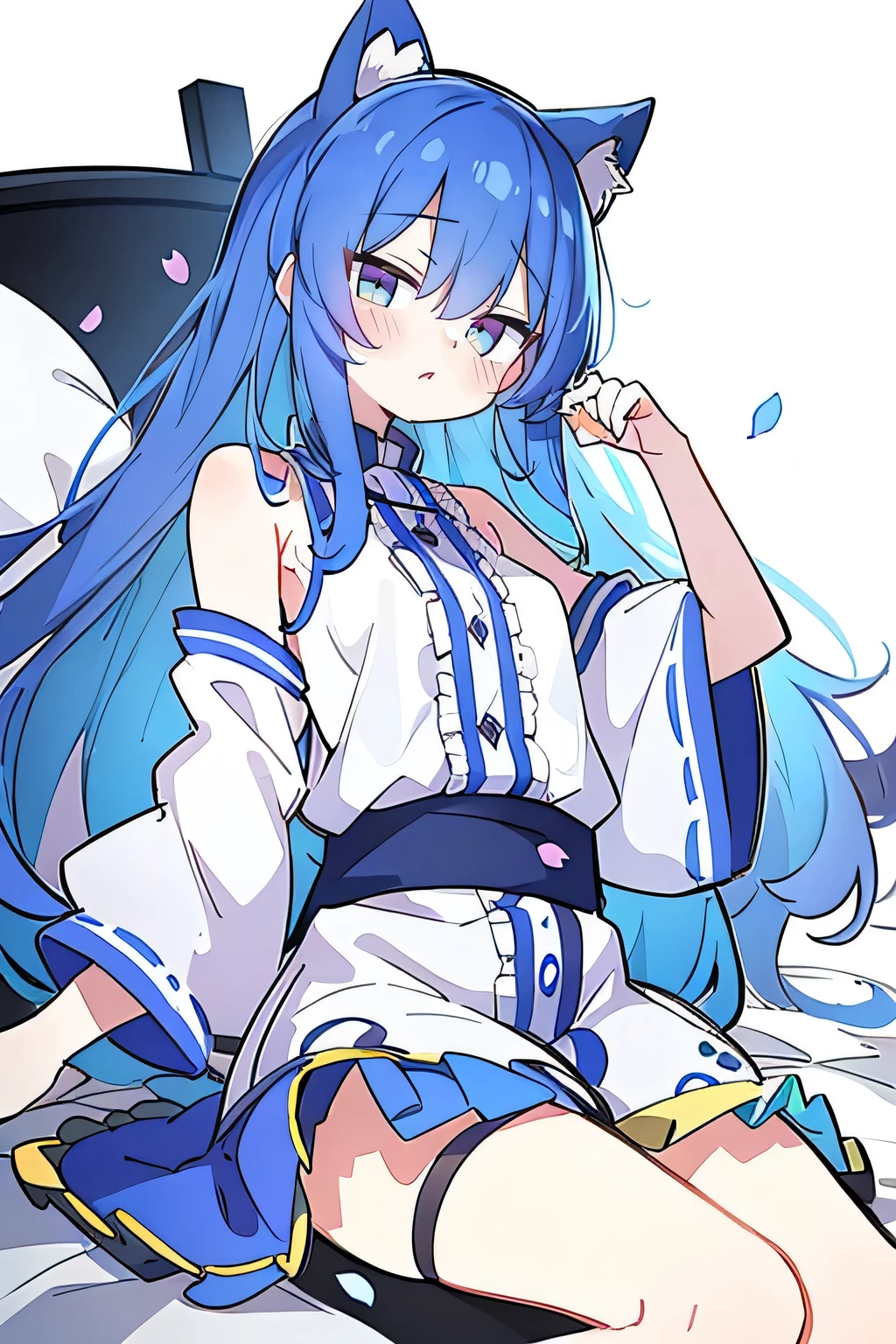 （masterpiece：1.2），Super detailed，lifelike，Expressive eyes，fair skin，perfect face shape，1 girl，
Japanese comics,Gorgeous blue hair,flowing blue hair,flowing clothes,Cat ears,Petals fall,beautiful lola,Baby Angel,
Shaking head with one hand，Lying gracefully on the ground，Cross your legs，Gentle and peaceful background，The pavilion is cool and comfortable,dark blue eyes.