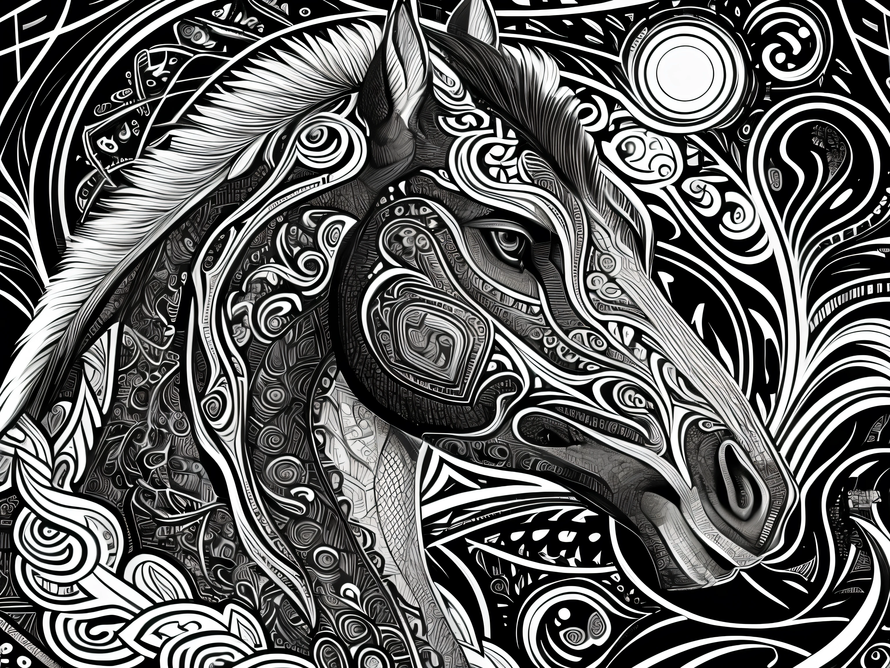 a horse head with a pattern on it's face, line art illustration, detailed intricate illustration, intricate detailed illustration, intricate line art, exquisite line art, intricate details illustration, detailed line art, bold lineart, black and white vector art, detailed intricate sketch, dynamic linework, highly detailed ink illustration, by Adam Marczyński, bold intricate ink illustration 