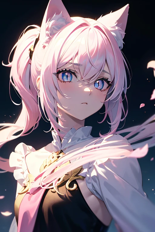 Masterpiece, 4K, Very detailed, anime style, HDR, Subsurface scattering, Movie Lighting, (Beautiful and delicate eyes:1.6), Extremely detailed face, , slim body, muscular, Short stature, teenager, white hair, pink tips, ((White and pink theme)), Short Ponytail, Pink Eyes, bright neon Pink Eyes, scarf, Cat ears, Dark Robe, Be focused，Hard Lighting，Bright colors.