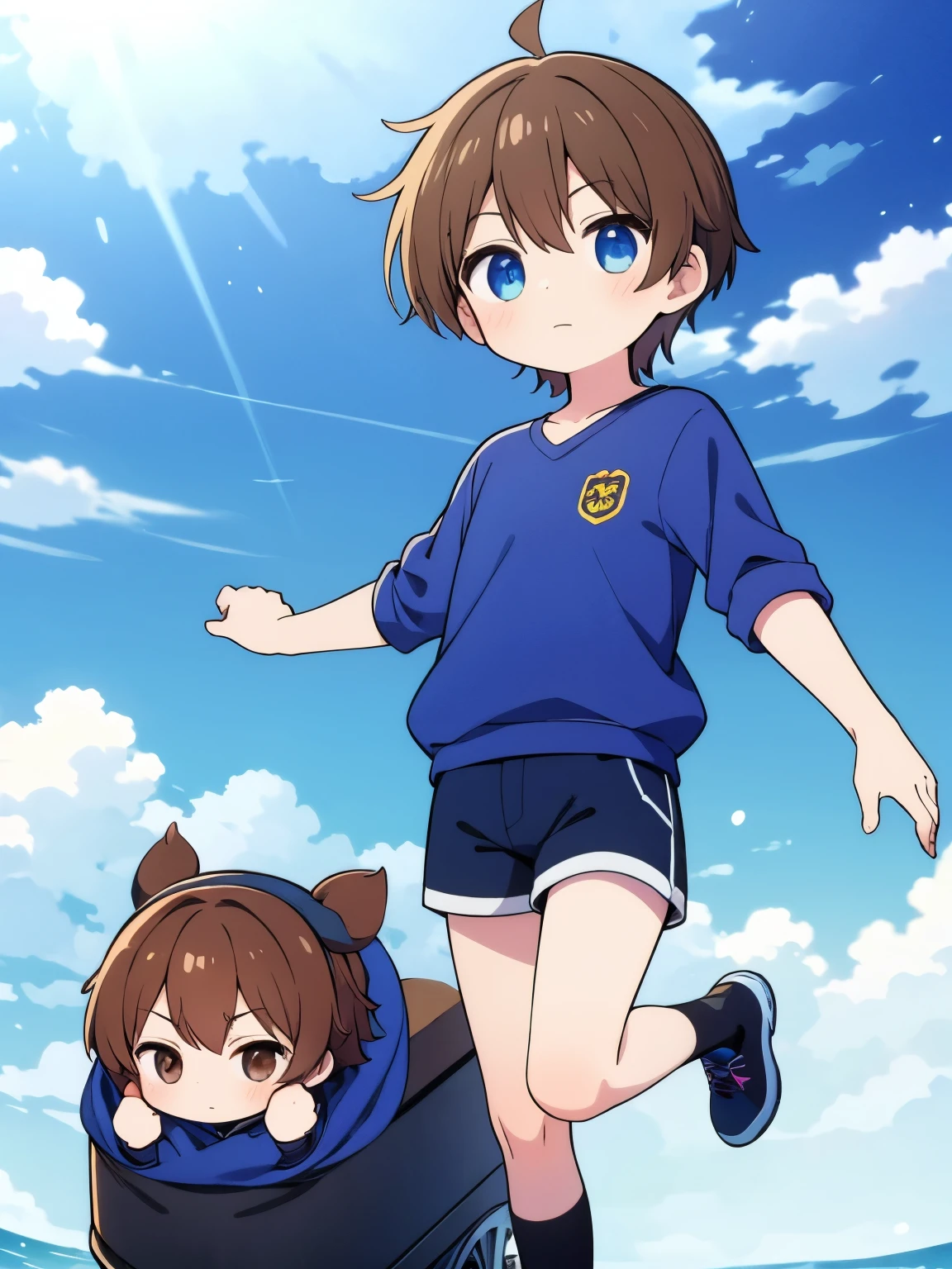 1boy,blueshorts,chibi,brown hair
