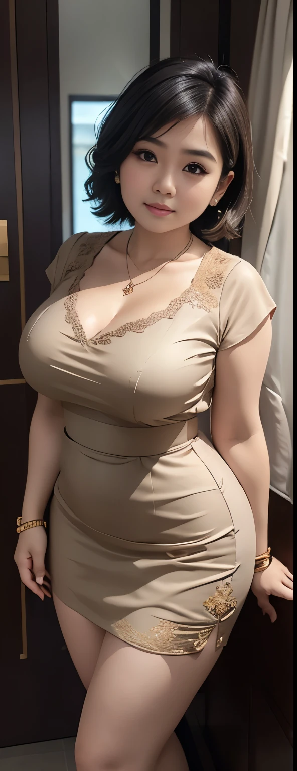 1 Indonesia girl, modern plain wavy short hair , shy, medium portrait, watery eyes, wearing dark brown latte kebaya, ((big breasts)), black bokeh background, well-proportioned body,, chubby massive thighs, full body pose, wearing a necklace , wearing 10 bracelet , wearing a sneaker , huge chest