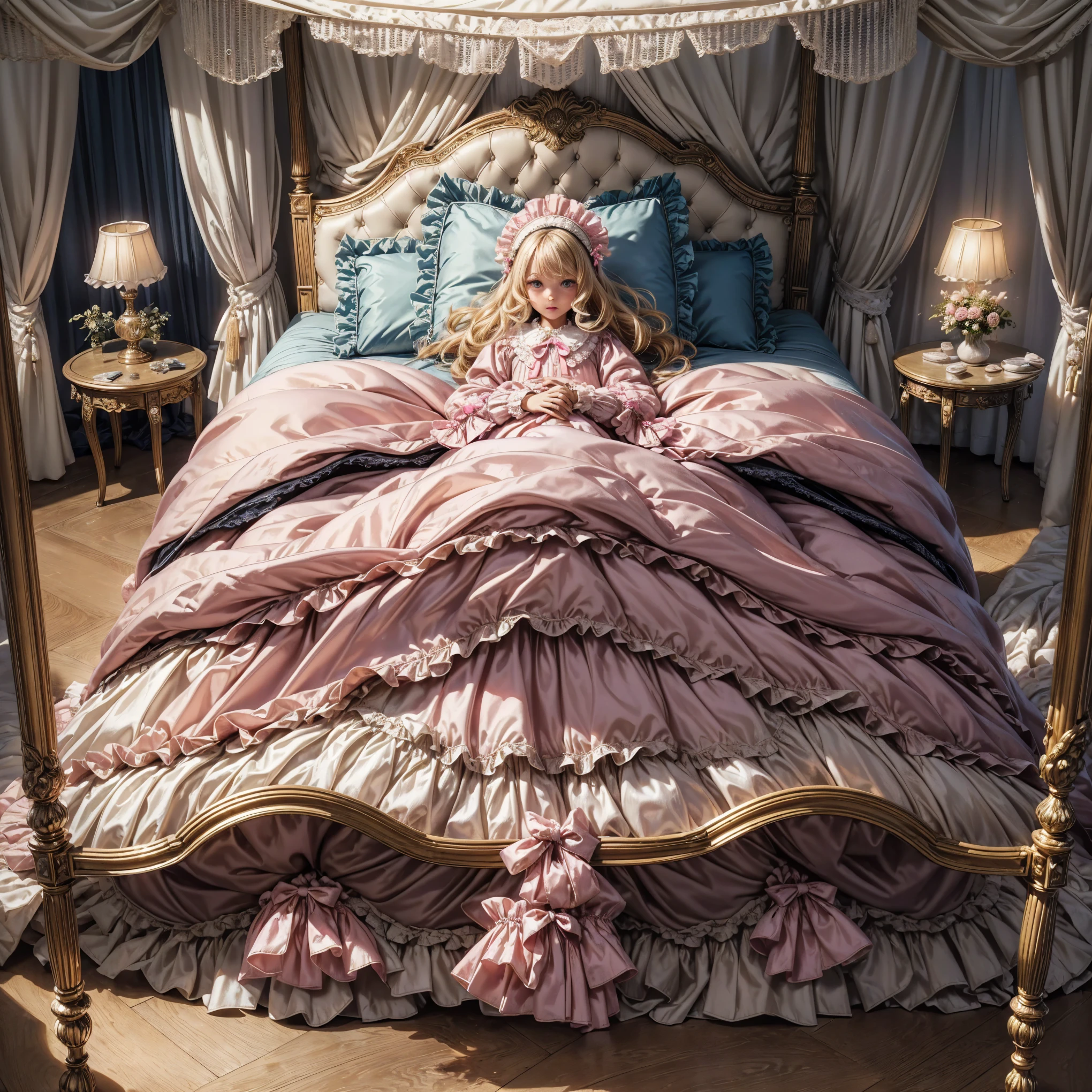 ,highest quality, masterpiece, Highest Resolution, artwork, super それにGet used to it, many Get used to it, Get used to it, それにGet used to it, 3K anime illustrations,(( 10 year old girl)),Super detailed baby face,high quality small face,long blonde hair that grows to the waist,blue eyes,白い肌のEuropean,pajamas, European,(((Super long blonde hair))),Curly Hair,blue eyes,((((ピンクのロリータファッションのLong skirtのワンピースドレス)))),((A pink dress with lots of frills and ribbons)),((A gorgeous headdress with frills and ribbons)),Detailed headdress,,(((Large yoke collar))),Yoke collar with ruffles and bow,((((Long sleeve)))),Ruffle sleeves,((((Long skirt)))),White ruffle and lace socks,Large frill and ribbon pillow,(((Nice pink outfit))),豪華なCanopy bedの上,Canopy bed,The bed is surrounded by luxurious curtains..,The bed was full of frilly pillows..,There are a lot of frilly pillows behind the girl.,Highly detailed background,Detailed bed,Soft pink comforter,Very high quality and soft frilly pillow,Beautiful girl illustration,Beautiful face in every detail,Thinning hair,Fine grain ,Fine grains,Mouth Details, Arm details,Beautiful Hands,Detailed pillow,Large bed,Illustration on the bed, ,((((Round futon)))),((((A large frilly futon that covers the entire bed)))),Detailed comforter,Detailed bedシーツ,Before bedtime,Romantic atmosphere,Palace Bedroom,((((Her lower body is hidden under the duvet and a fluffy skirt.......)))) The girl is leaning against a pile of pillows, ,((((Round futon)))),((((A large frilly futon that covers the entire bed)))),((((No shoes)))),