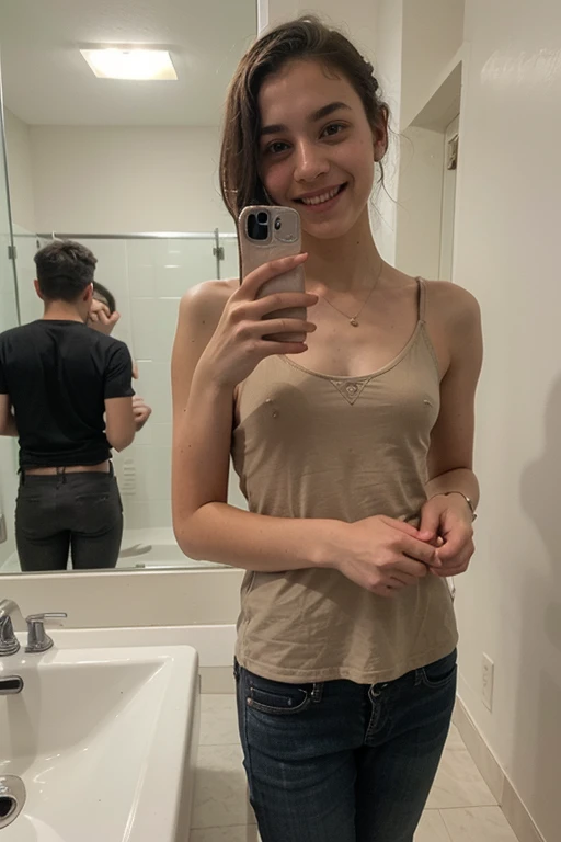 15 year old , boy , young , hyper_realism , smilimg , standing next to mirros , selfie , in bathroom