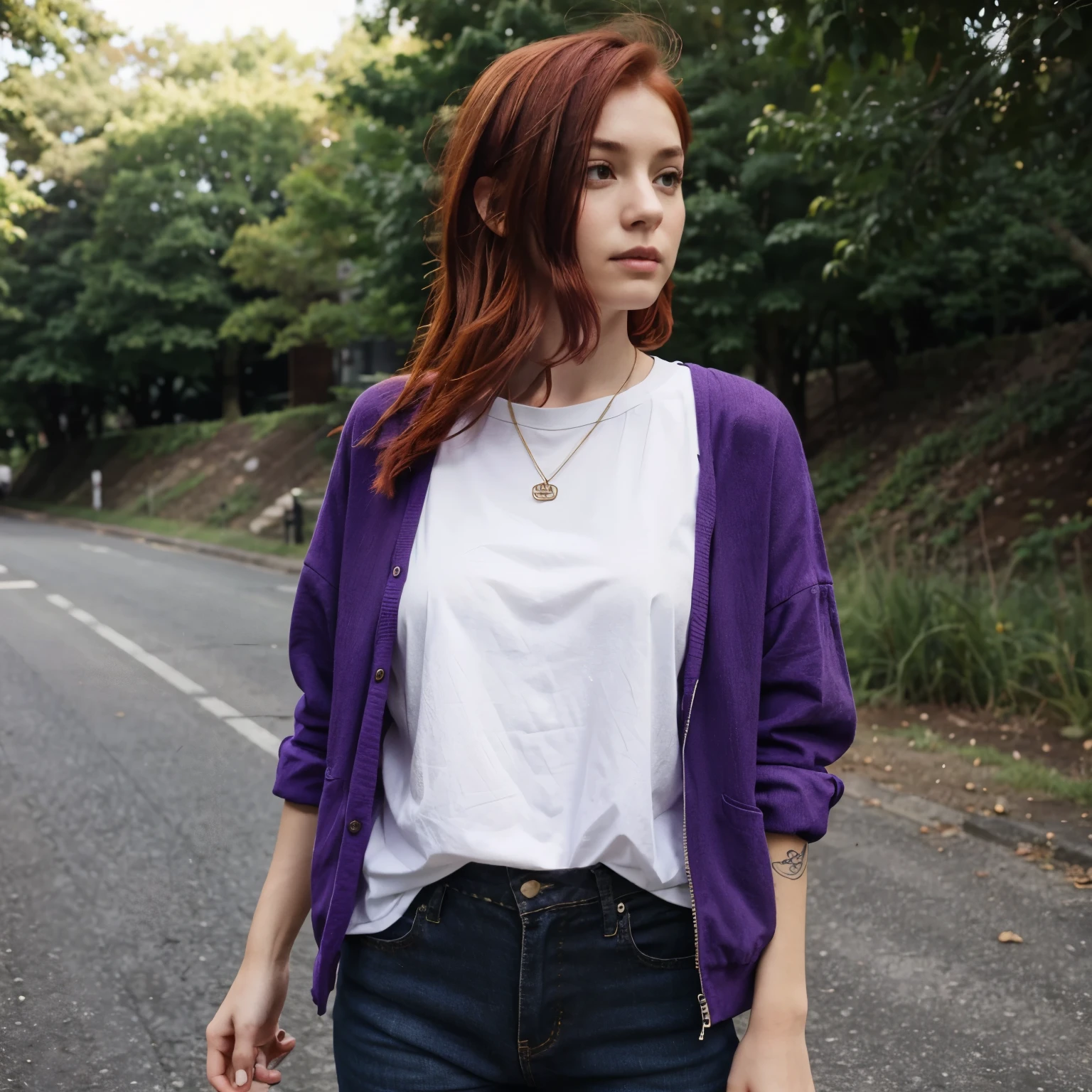 A woman with purple and slightly red hair wearing tomboy style clothes