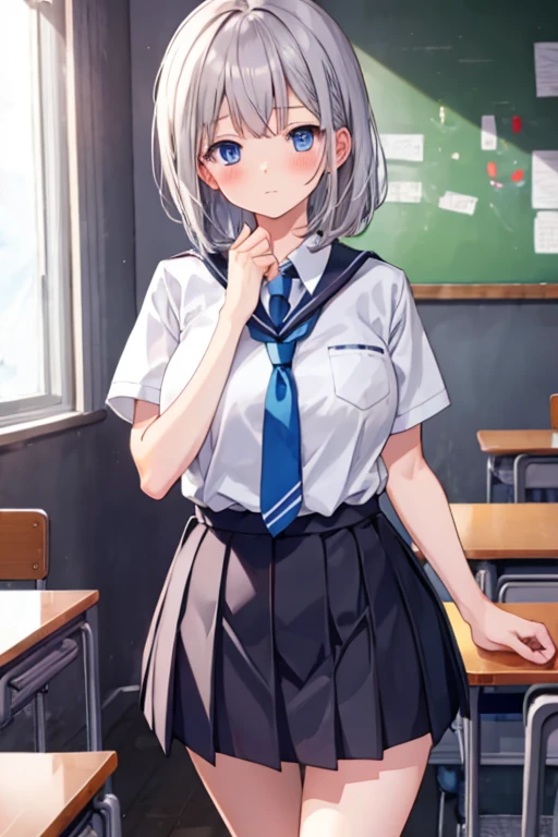 Big Breasts　nude　Gray Hair　　School Uniform　blue eyes　highest quality　Blushing　classroom　Skirt flip