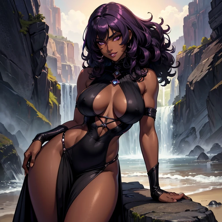 (best quality,4k,8k,highres,masterpiece:1.2), ultra-detailed, (realistic,photorealistic,photo-realistic:1.37), (mature ebony-skinned female,darker skin, dark skin:1.3) black woman with darker skin and long black curly hair, wearing a elegant designer dress with a slit in the side, dress color is royal purple, dark skin, curvy, thicc, has bright vibrant purple eyes, alluring gaze, seductive grin, dark cherry lips, seductive. fae, siren.