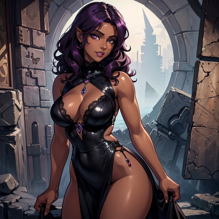 (Concept Art) of an (African American) female, with dark (black dreadlocks), purple eyes, dark (brown skin), (pointed ears), (slutty assassin), sexy black robe, (lust) demon, (medium shot), perfect composition, hyper-detailed, 8K, high quality, (perfect eyes), trending art, sharp focus, studio photo, intricate details, (Pin-up) pose