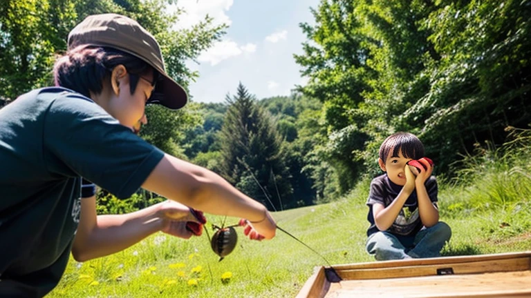 Catching beetles in the countryside、Catching stag beetles in the countryside、Children catching insects、