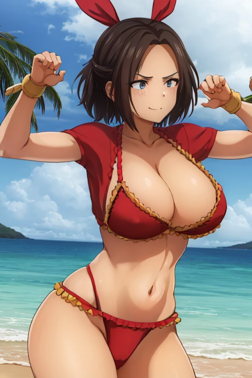 masterpiece, best quality, beautiful art, high resolution, well formed hands, body and fingers, 1 woman, solo, Hikari Hazakura, adult, grown up big breasted, cleavage, full body, , wearing a Mata Hari outfit, sexy and skimpy arabian belly dancer outfit, sexy arabian belly dancer, hair ribbon, gorgeous legs and thighs, she is fighting in a combat match at a martial arts tournament, she is getting ready to fight, making her guard pose, action and fighting scene, about to hit the viewer, looking at the viewer, sweating , feeling confident and proud, smiling joyfully and happily, charming her opponent with her beauty, bouncing breasts, fighting scene, martial arts tournament on the beach