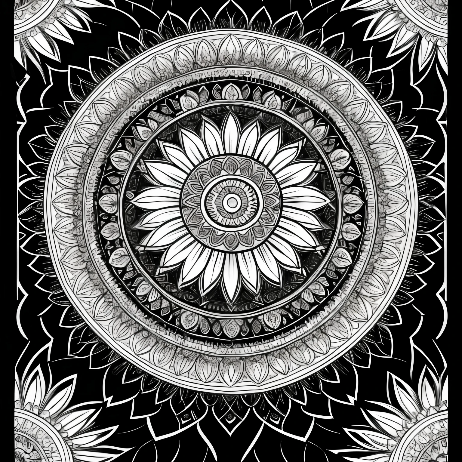 Craft a coloring book page with A mandala of a cat with feathers and sun rays; black and white; 4k; High resolution; 300dpi