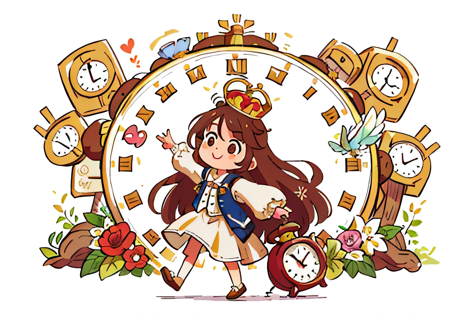 Girl with long brown hair，Wearing a white wedding suit，（with crown），oversized clock，Flowers，colorful，Dance（with love）Happy（surrounded by love），O Logo，vector，Line Art，design，inspiration，straight line，RHAD