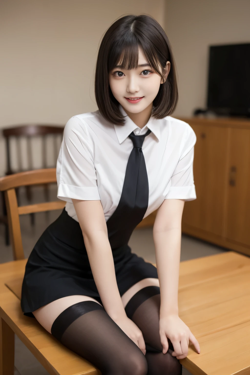 Tabletop, highest quality, shape, Very detailed, finely, High resolution, 8k wallpaper,short hair、 完璧なダイナミックな構shape, Beautiful and beautiful eyes, suit,Natural color lip, smile、18-year-old girl,When wearing black tights or stockings、Plump thighs、Shortcuts