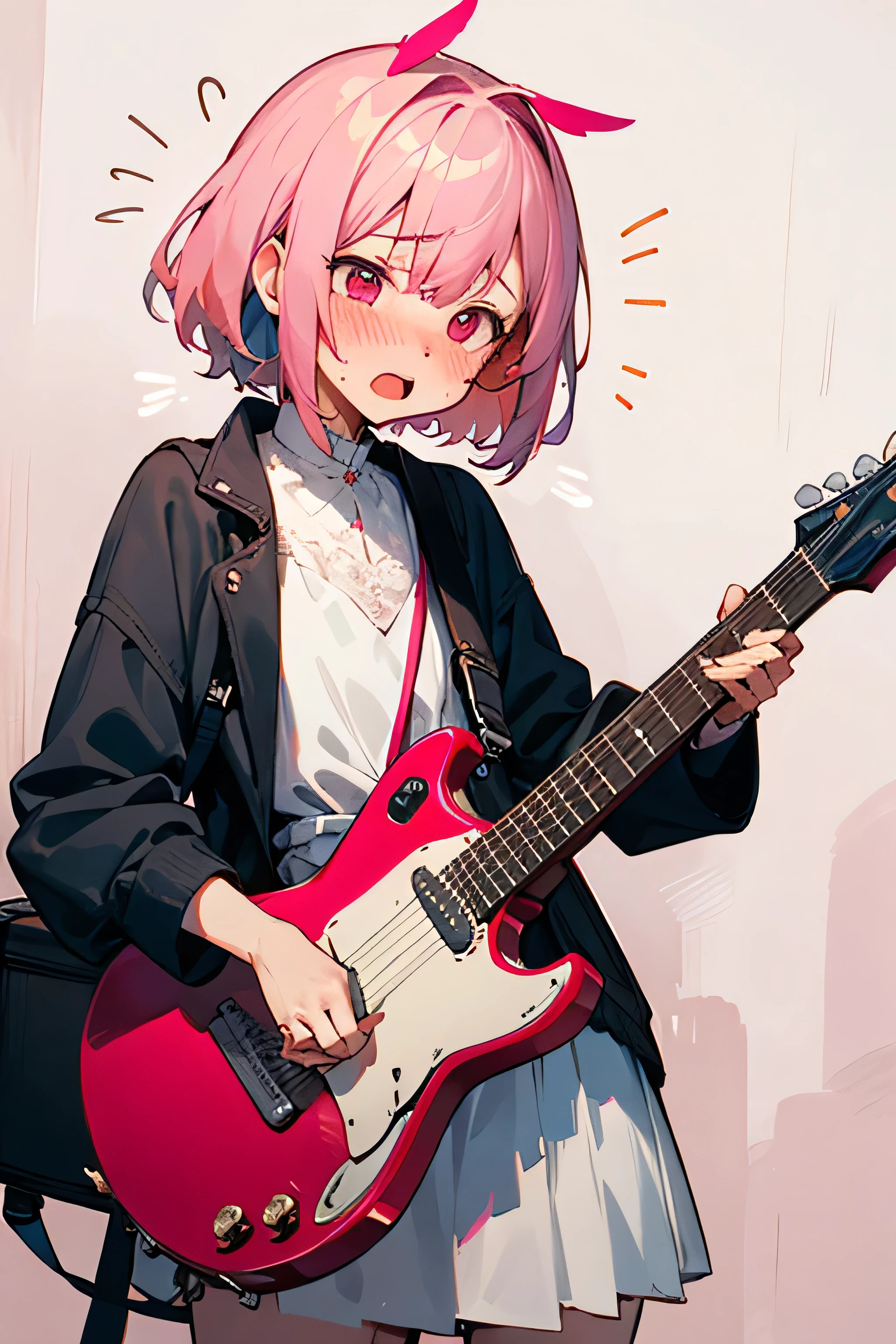 Female, pink hair, pink eyes,, small hair accesory, surprised face, blushing, nervous, holding Guitar Case