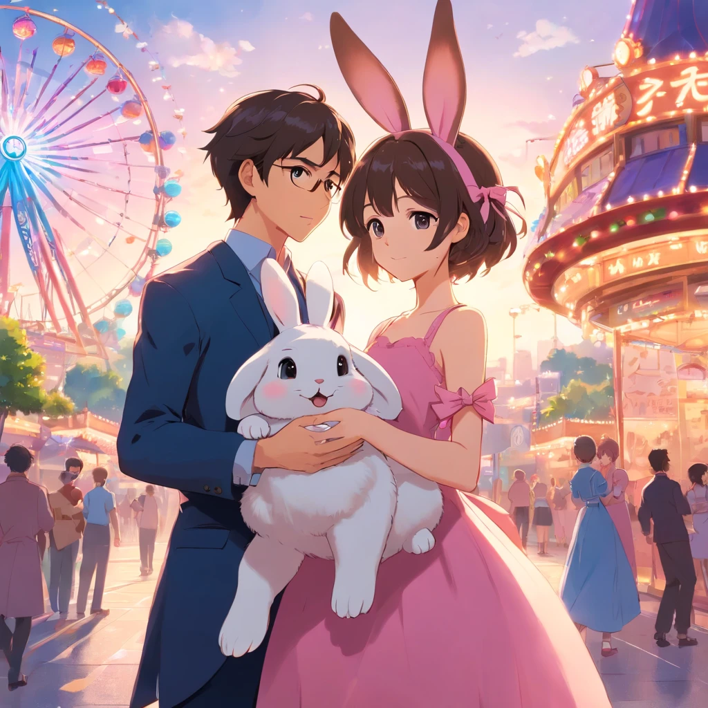 in a long dress, holding a small bunny hairpin in one hand,holding a man, dressed in pink, in a big amusement park.,Little bunny in a hair clip with a scalloped bow.