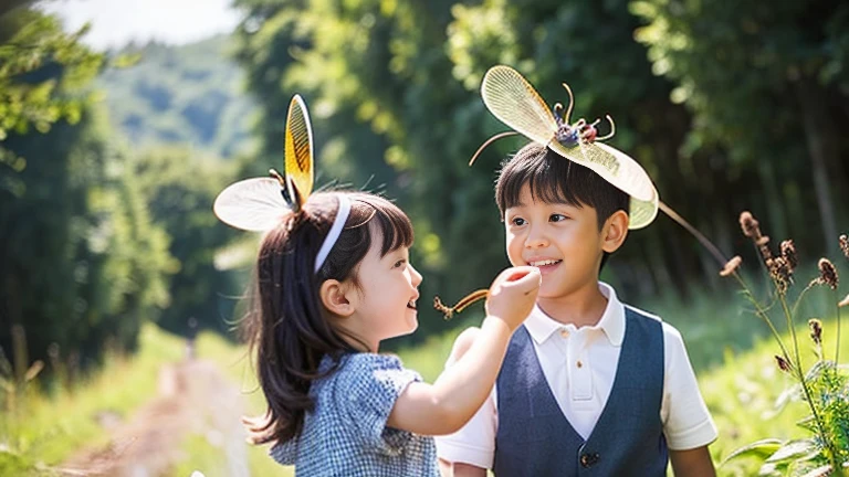 Catching beetles in the countryside、Catching stag beetles in the countryside、Children catching insects、