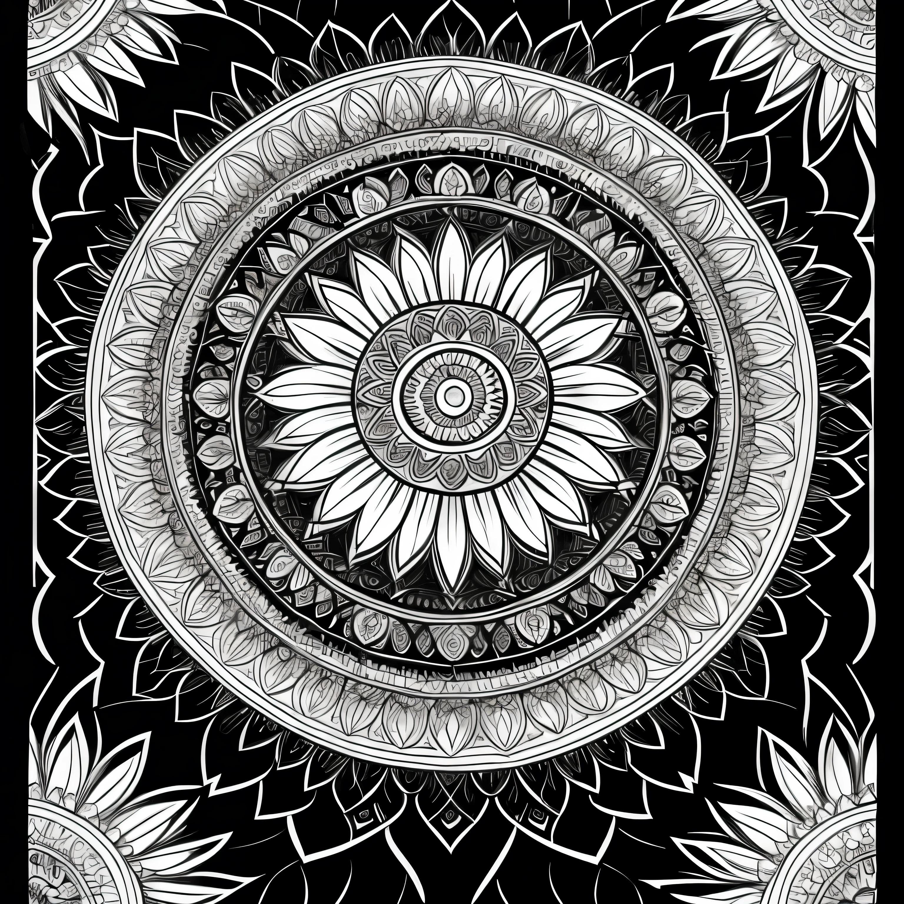 Craft a coloring book page with A mandala of a cat with feathers and sun rays; black and white; 4k; High resolution; 300dpi