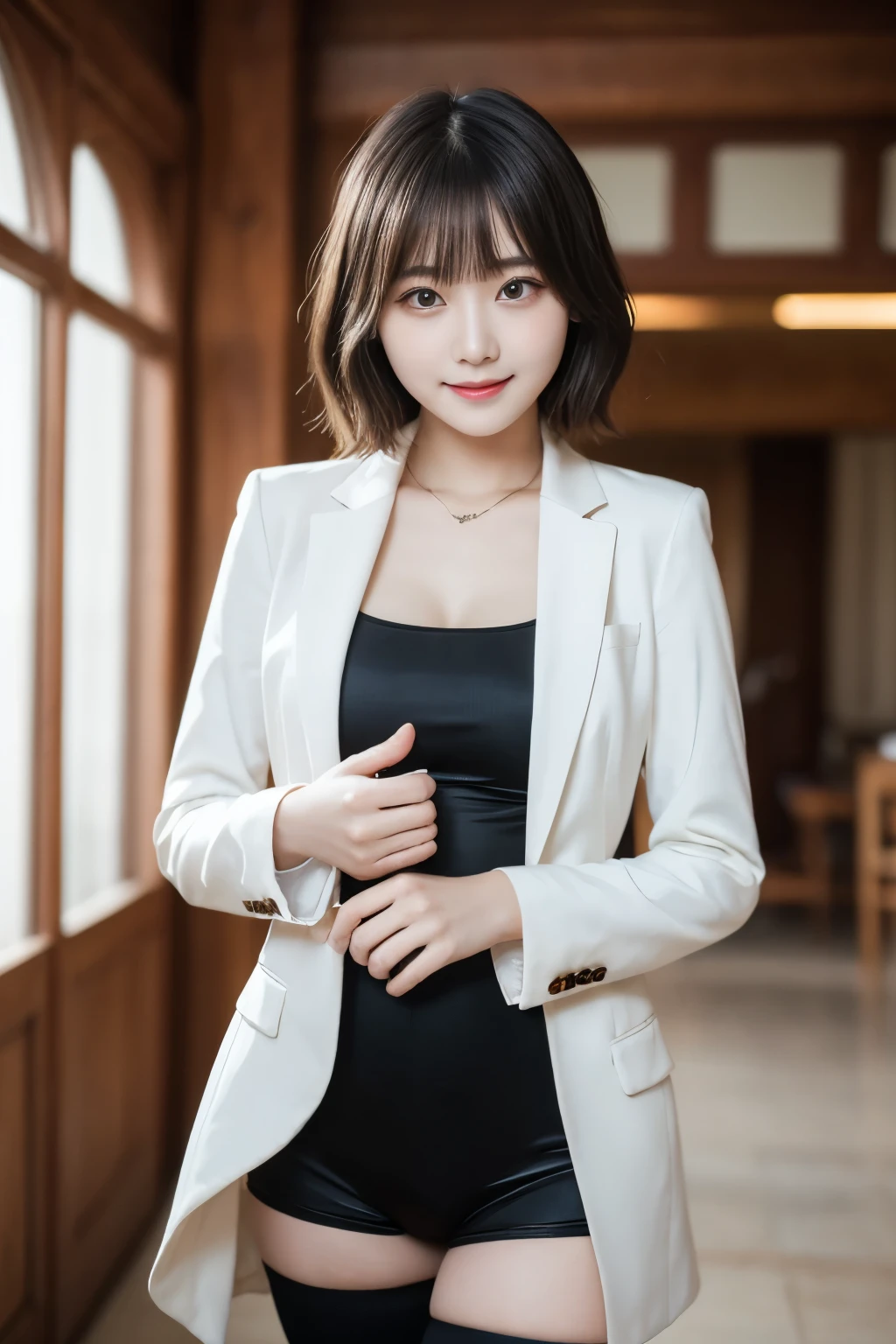 Tabletop, highest quality, shape, Very detailed, finely, High resolution, 8k wallpaper,short hair、 完璧なダイナミックな構shape, Beautiful and beautiful eyes, suit,Natural color lip, smile、18-year-old girl,When wearing black tights or stockings、Plump thighs、Shortcuts