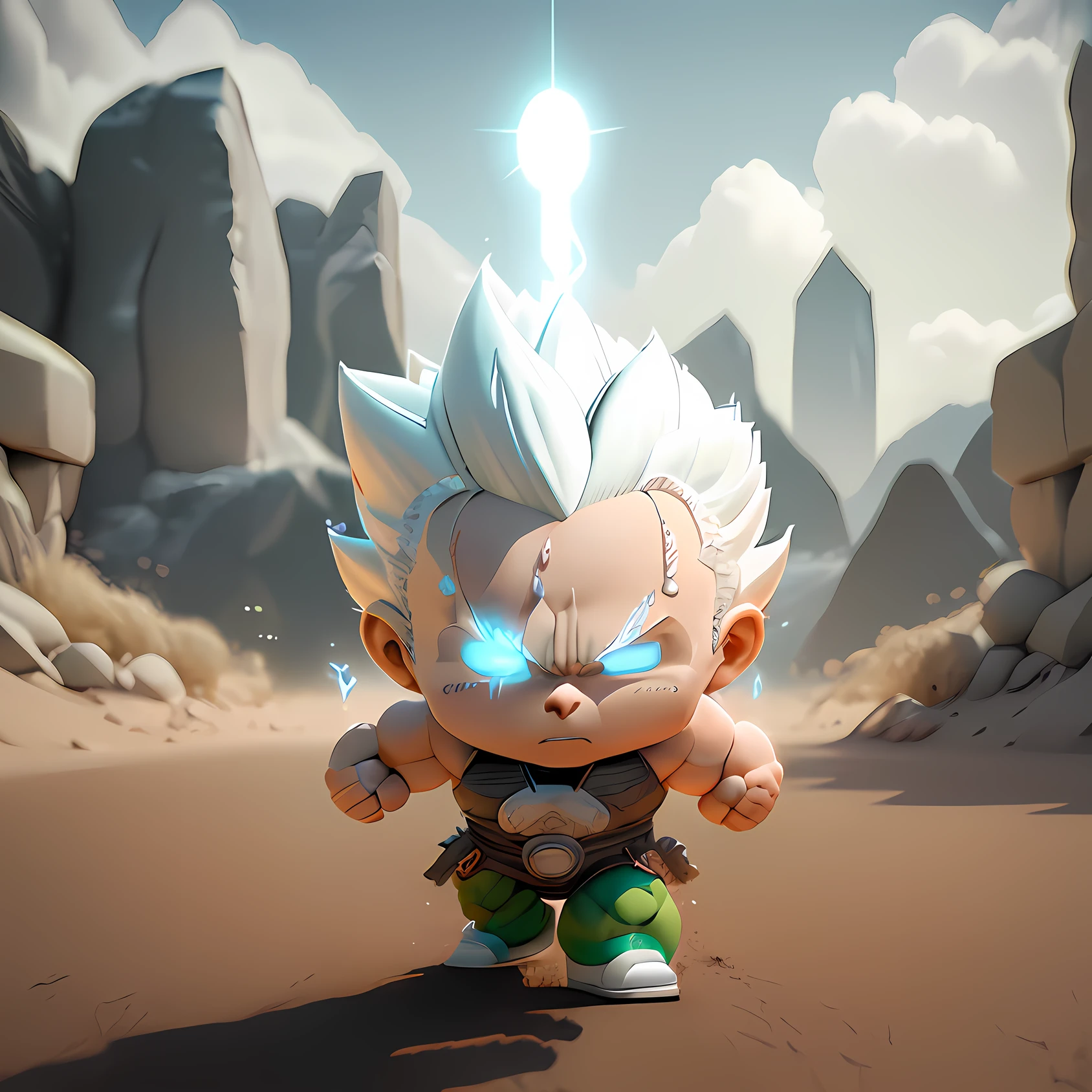 Hulk, super saiyan, arm depiction, white and blue hair body, exquisite shoes, eye depiction, exquisite hair, popmart blind box, clay texture, stepping on the land, black and white background, natural lighting, most good quality, super detail, 3D art, c4d, OC renderer, 3D rendering, 8k