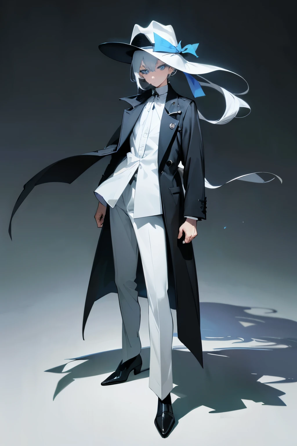 (8k, best quality, masterpiece:1.2), (anime style), RAW photo, best quality, ultra high res, best shadow, (full body:1.4), A white hair androgynous man with blue eyes, in a white shirt, black hat, and black coat horror, dark horror, highly detailed facial features, beautiful and flawless face, perfect eyes.