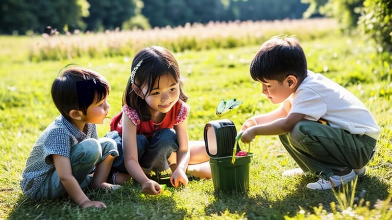 Catching beetles in the countryside、Children catching insects、