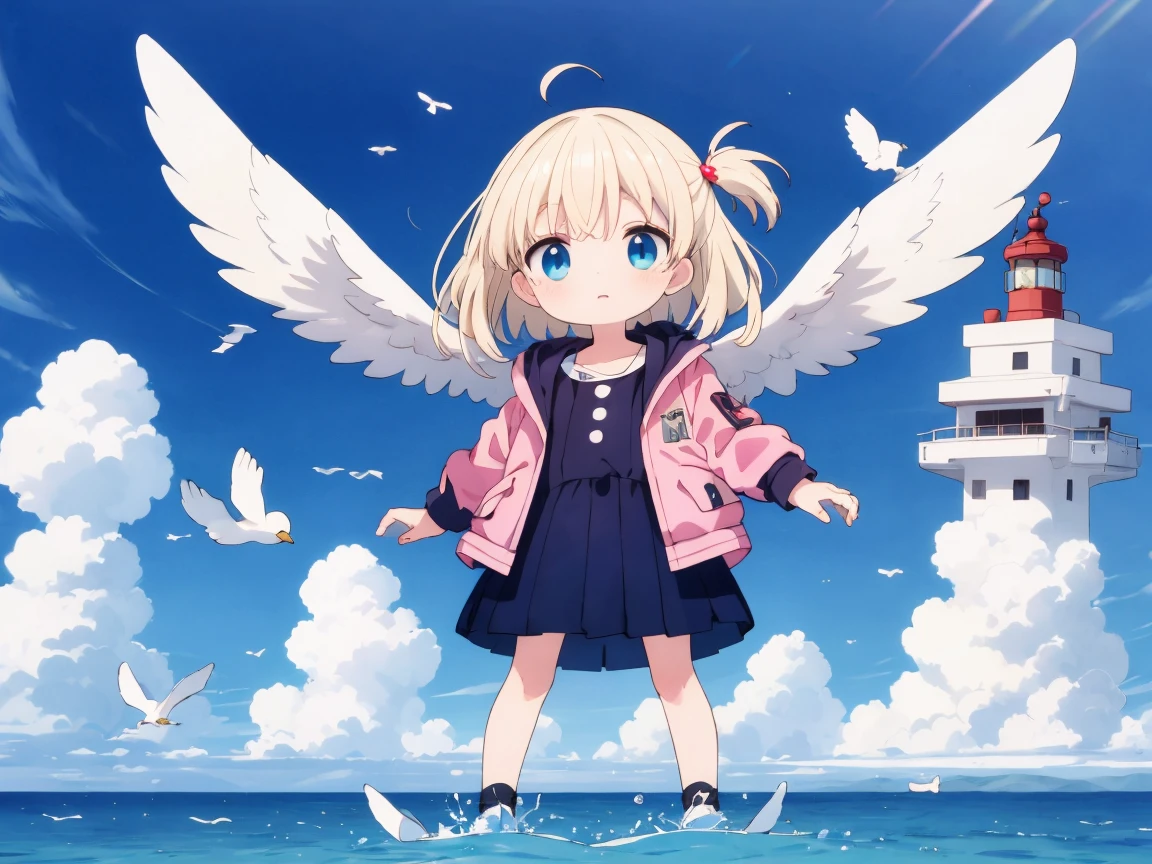 highest quality, Ultra-detailed, Birds fly in the sky, 2人の, child2direct, Platinum Blonde Hair, Floating Hair, Wear a down jacket,
A is standing on the lighthouse。。, Arcane, holography, from the front, floating, Prisma