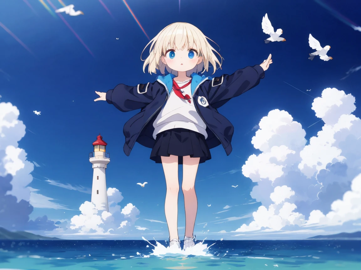 highest quality, Ultra-detailed, Birds fly in the sky, 2人の, child2direct, Platinum Blonde Hair, Floating Hair, Wear a down jacket,
A is standing on the lighthouse。。, Arcane, holography, from the front, floating, Prisma