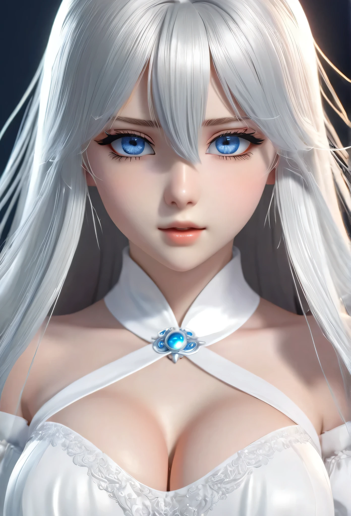 -yeld giSilver long hair，Blue Eyes，Long eyelashes，Unbelievably huge breasts，((3D anime style))，White dress with a lot of exposure，